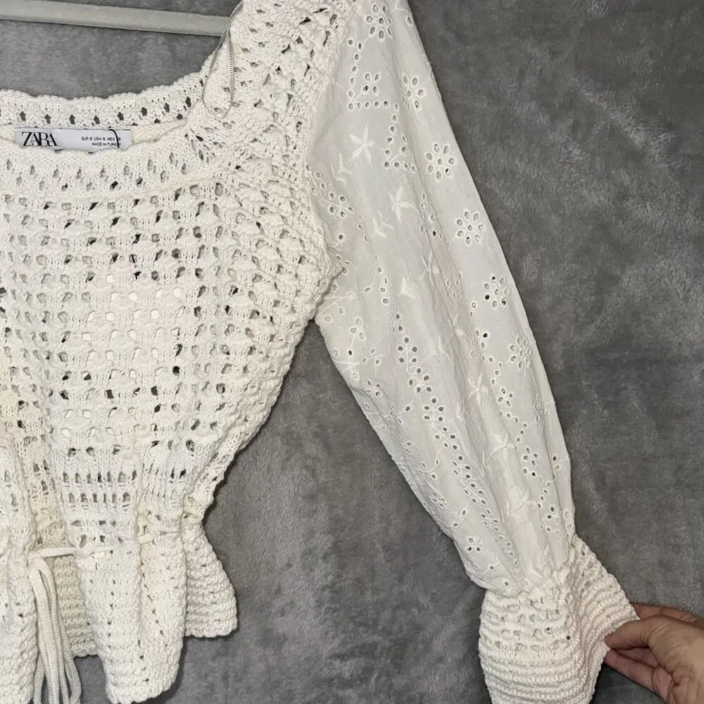 ZARA Eyelet Crochet Long Sleeve Top Size Small Boho Cottagecore Festival NWT